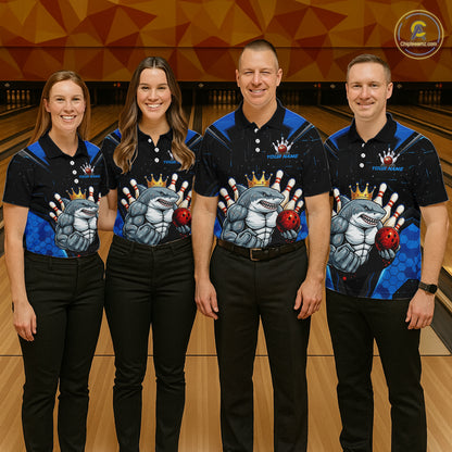 Custom Blue Funny Shark Bowling Team Shirt Bowling Jersey for Men Polo & Quarter-Zip QZT949