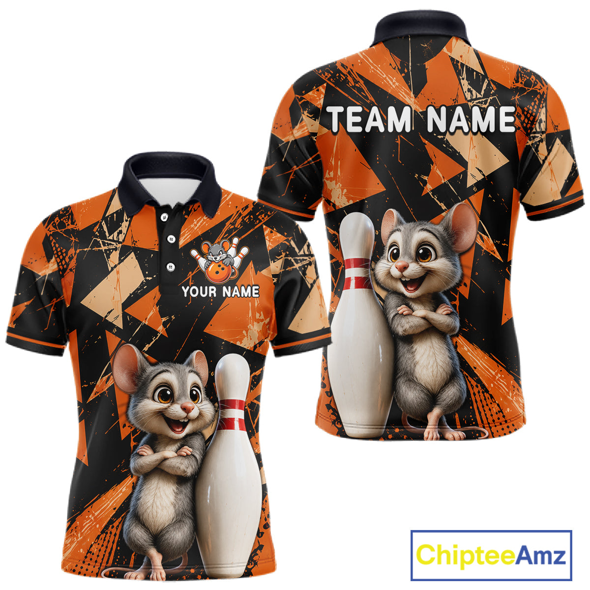 Black & Orange Funny Mouse Bowling Team Shirt for Men Custom Bowling Jersey Polo & Quarter-Zip QZT1033