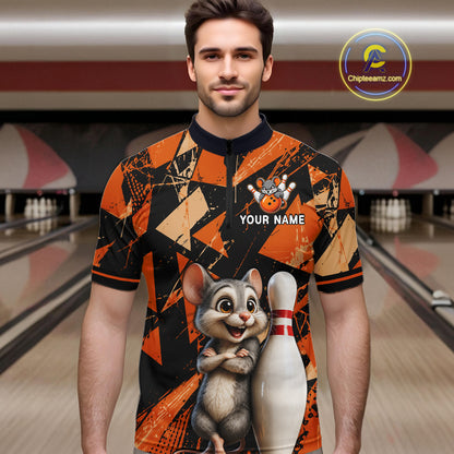 Black & Orange Funny Mouse Bowling Team Shirt for Men Custom Bowling Jersey Polo & Quarter-Zip QZT1033