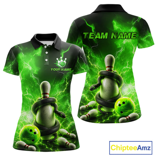 Green and black bowling-themed polo shirts with customizable text on a white background.