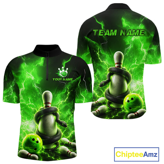 Green and black bowling jersey with bowling design and customizable text on a white background