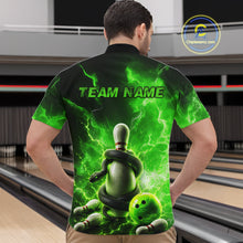 Load image into Gallery viewer, Person wearing a green and black bowling-themed shirt with 'TEAM NAME' text in a bowling alley.