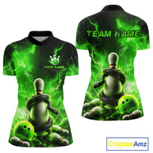 Load image into Gallery viewer, Green and black bowling-themed shirt with customizable text on a white background