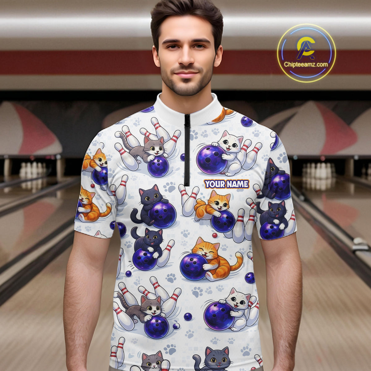 Custom Funny Cat Pattern Bowling Shirt Bowling Jersey League Polo & 1/4Zip Bowling Team for Men QZT951
