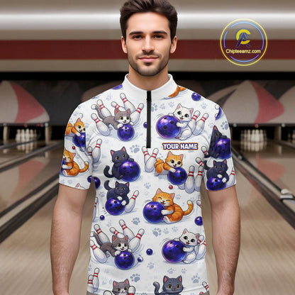 Custom Funny Cat Pattern Bowling Shirt Bowling Jersey League Polo & 1/4Zip Bowling Team for Men QZT951