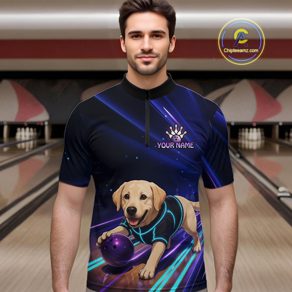 Neon Funny Labrador Retriever Bowling Shirt for Men Custom Bowling Team Jersey Polo & 1/4-Zip QZT992