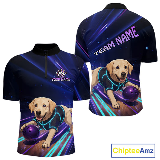 Neon Funny Labrador Retriever Bowling Shirt for Men Custom Bowling Team Jersey Polo & 1/4-Zip QZT992