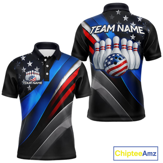Custom American Flag bowling polo shirt, front and back views, bowling league jersey for men