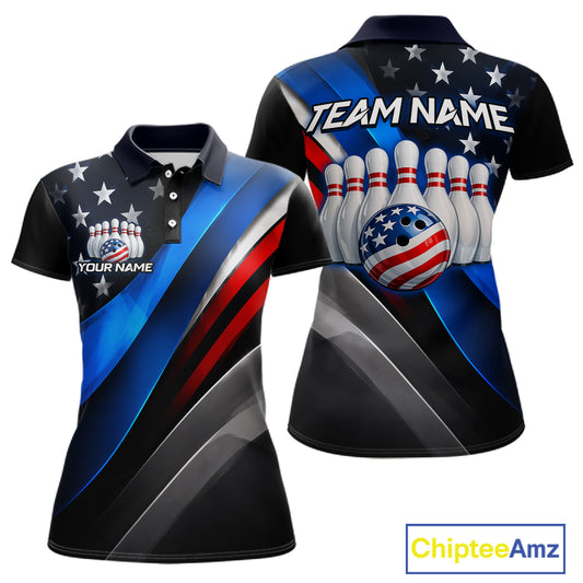 Custom American Flag bowling polo shirt, front and back views, bowling league jersey for women