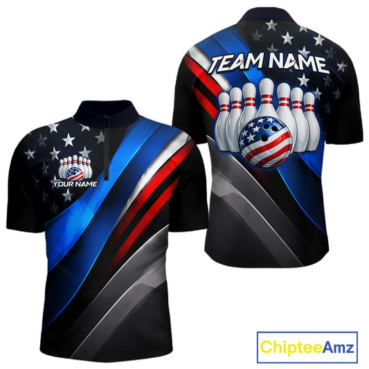 Custom American Flag  bowling quarter-zip shirt, front and back views, bowling league jersey for men