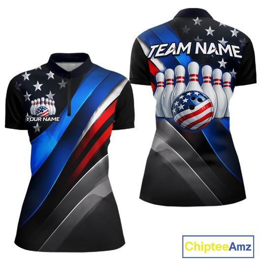 Custom American Flag  bowling quarter-zip shirt, front and back views, bowling league jersey for women