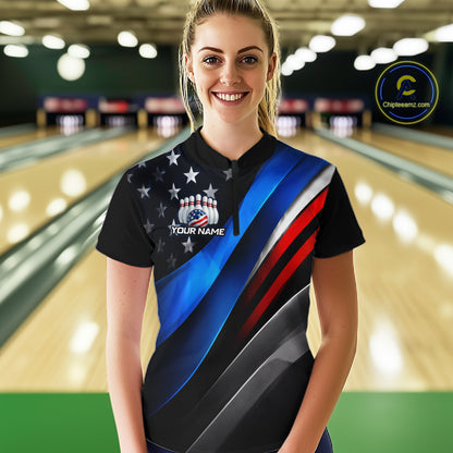 Woman wearing custom American Flag bowling 1/4 zip shirt, front view mockup, personalized bowling league jersey.