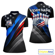 Load image into Gallery viewer, Custom American Flag  bowling quarter-zip shirt, front and back views, bowling league jersey for women