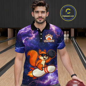 Custom Thunder Lightning Funny Squirrel Bowling Shirt Polo & 1/4 Zip Bowling Jersey Bowling Outfit for Men QZT777