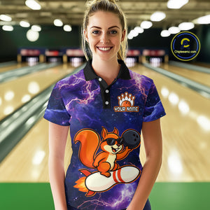 Custom Thunder Lightning Funny Squirrel Bowling Shirt Polo & 1/4 Zip Bowling Jersey Bowling Outfit for Women QZT777