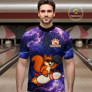 Custom Thunder Lightning Funny Squirrel Bowling Shirt Polo & 1/4 Zip Bowling Jersey Bowling Outfit for Men QZT777