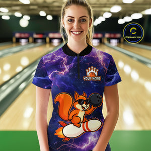 Custom Thunder Lightning Funny Squirrel Bowling Shirt Polo & 1/4 Zip Bowling Jersey Bowling Outfit for Women QZT777