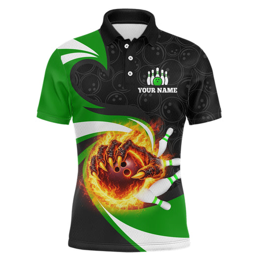 Personalized Green Flame Demon Hand Bowling Shirt for Men Bowling Outfit Polo & Quarter-Zip Bowling Jersey QZT867