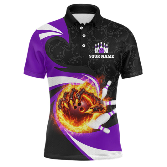 Personalized Purple Flame Demon Hand Bowling Shirt for Men Bowling Outfit Polo & Quarter-Zip Bowling Jersey QZT867