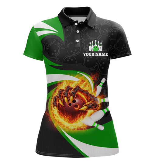 Personalized Green Flame Demon Hand Bowling Shirt for Women Bowling Outfit Polo & Quarter-Zip Bowling Jersey QZT867