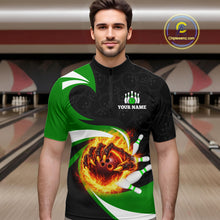 Load image into Gallery viewer, Personalized Green Flame Demon Hand Bowling Shirt for Men Bowling Outfit Polo &amp; Quarter-Zip Bowling Jersey QZT867