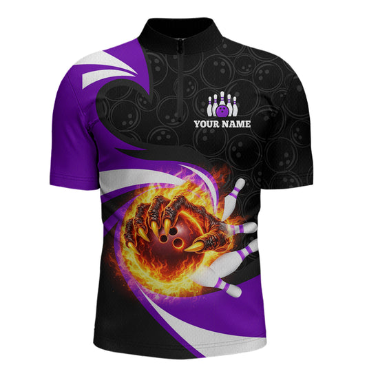 Personalized Purple Flame Demon Hand Bowling Shirt for Men Bowling Outfit Polo & Quarter-Zip Bowling Jersey QZT867
