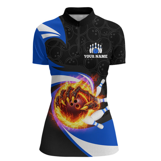 Personalized Blue Flame Demon Hand Bowling Shirt for Women Bowling Outfit Polo & Quarter-Zip Bowling Jersey QZT867