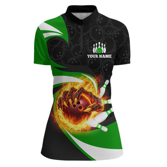 Personalized Green Flame Demon Hand Bowling Shirt for Women Bowling Outfit Polo & Quarter-Zip Bowling Jersey QZT867