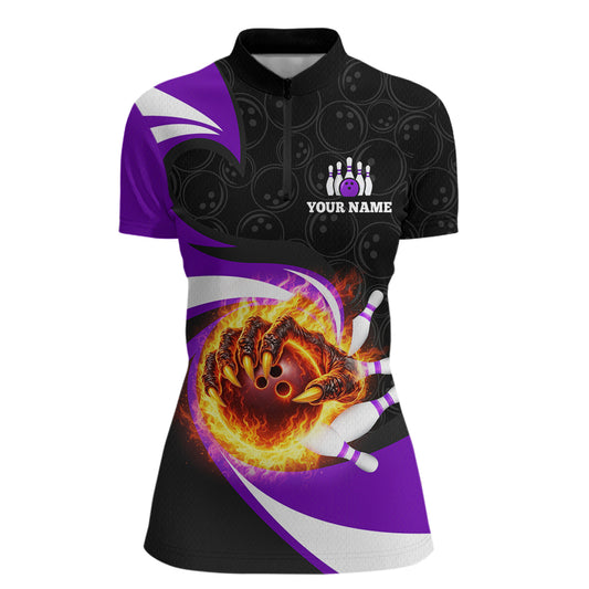 Personalized Purple Flame Demon Hand Bowling Shirt for Women Bowling Outfit Polo & Quarter-Zip Bowling Jersey QZT867