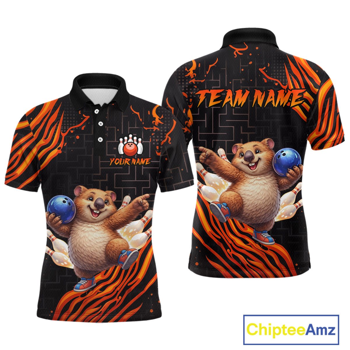 Orange Funny Wombat Bowling Shirt for Men Custom Bowling Jersey Polo & Quarter-Zip Bowling Outfit  QZT923