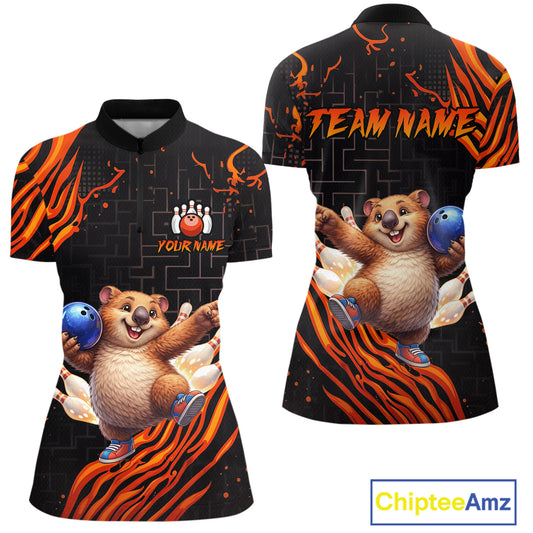 Orange Funny Wombat Bowling Shirt for Women Custom Bowling Jersey Polo & Quarter-Zip Bowling Outfit  QZT923