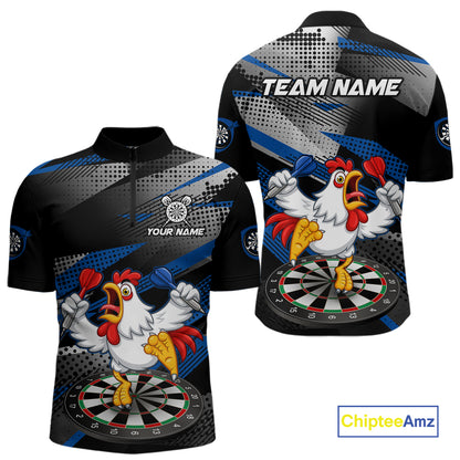 Custom Blue Funny Chicken Dart Shirt for Men Dartboard Team Jersey Polo & Quarter-Zip DHT38