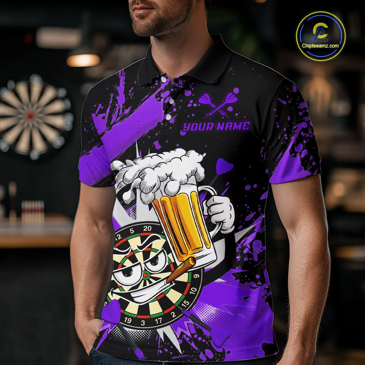 A man wearing a black and purple short-sleeve polo shirt with a cartoon graphic of a mug holding a beer and a dartboard, set in a blurred bar environment. A 'Citydreamz' watermark is visible in the top right corner.