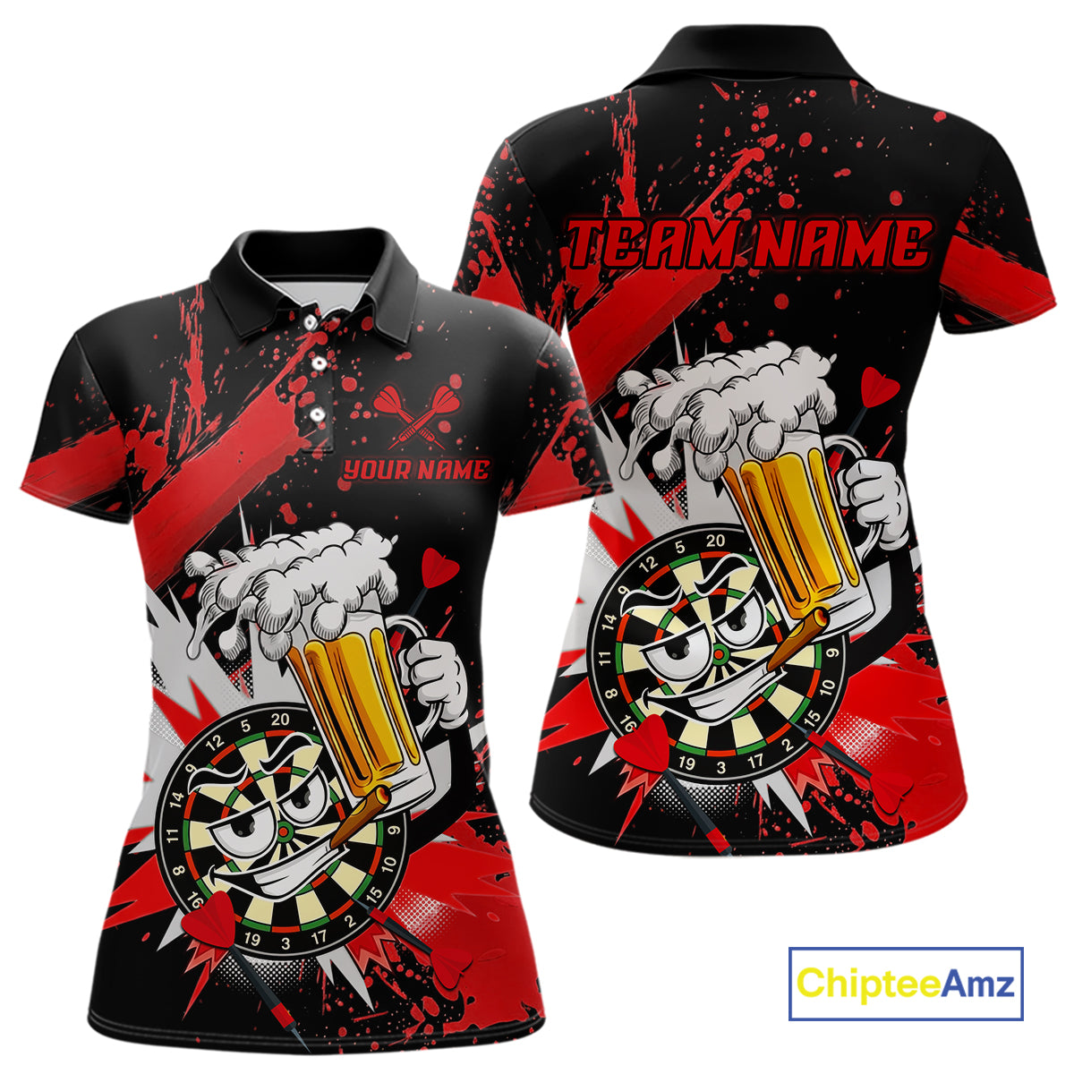 Custom short-sleeve polo shirt shown from front and back on a white background. The shirt features a black base with bold red paint splatters, a cartoon dartboard character holding a beer mug, and customizable text reading 'TEAM.
