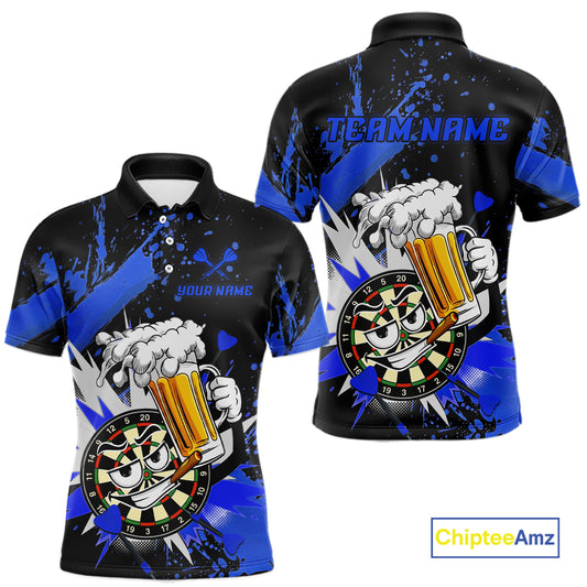 Custom short-sleeve polo shirt shown from the front and back on a white background. The shirt features a black base with vibrant blue paint splatters and a cartoon graphic of a hand holding a beer mug with a dart embedded in it.