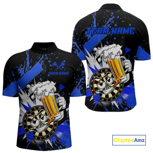 Front and back views of a black short-sleeve quarter-zip jersey with a blue and white graphic design featuring a cartoon dartboard-faced mug holding a beer mug, with customizable text placeholders 'TEAM NAME' and 'YOUR NAME'.
