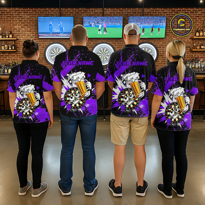 Four people standing with their backs to the camera in a bar setting, wearing matching black and purple custom graphic shirts with a skull and beer can design and 'TEAM NAME' printed on the back.