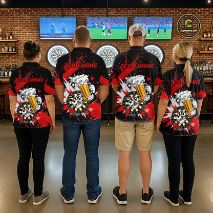 Four people standing with their backs to the camera in a bar, wearing matching black short-sleeve shirts with a large red, white, and yellow beer-themed graphic on the back and 'TEAM NAME' text across the shoulders.
