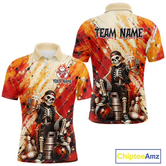Custom orange skeleton & beer bowling polo shirt, front and back views, bowling league jersey for men