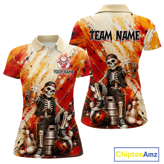 Custom orange skeleton & beer bowling polo shirt, front and back views, bowling league jersey for women
