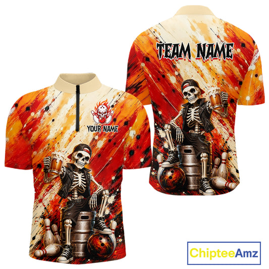 Custom orange skeleton & beer bowling quarter-zip shirt, front and back views, bowling league jersey for men
