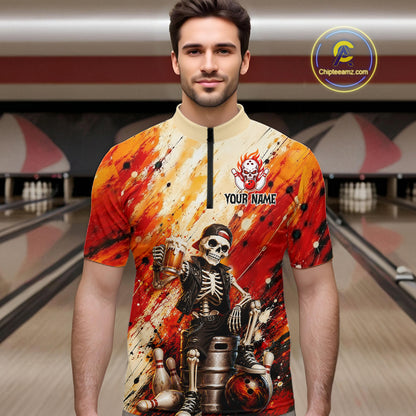 Man wearing custom orange skeleton & beer bowling 1/4 zip shirt, front view mockup, personalized bowling league jersey.