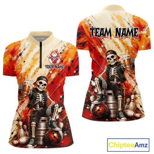 Custom orange skeleton & beer bowling quarter-zip shirt, front and back views, bowling league jersey for women