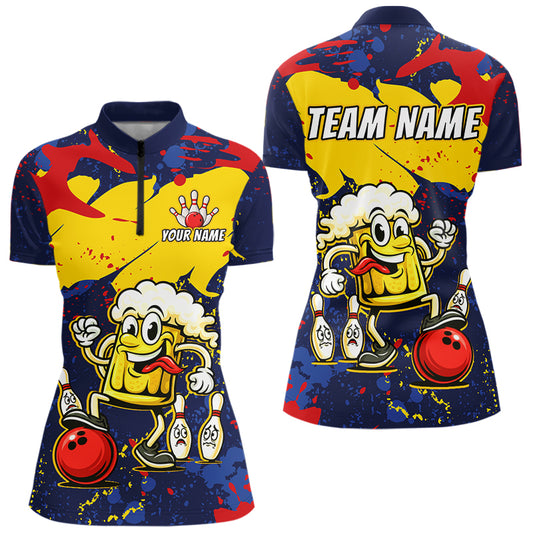 Red & Yellow Funny Beer Bowling Shirt Custom Navy Bowling Jersey for Women Bowling Team QZT811