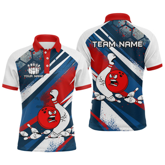 Red Blue & White Crazy Bowling Ball Pin Men Bowling Team Shirt Bowling League Jersey QZT814