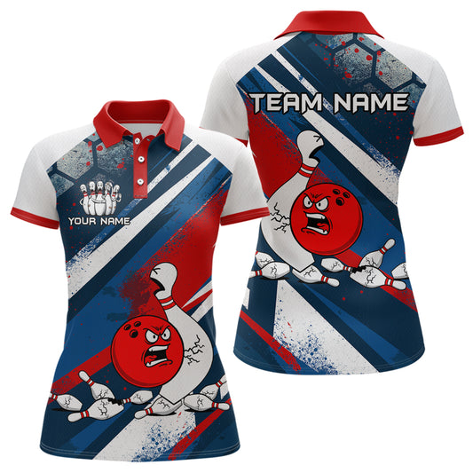 Red Blue & White Crazy Bowling Ball Pin Women Bowling Team Shirt Bowling League Jersey QZT814