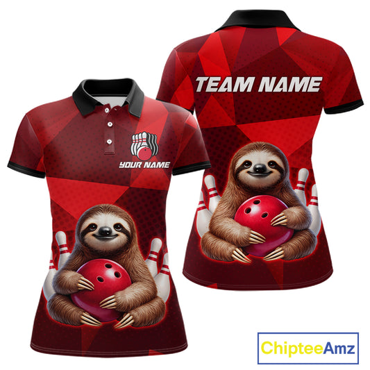 Red Funny Sloth Bowling Shirt for Women Custom Bowling Jersey Polo & Quarter-Zip Bowling Outfit QZT995