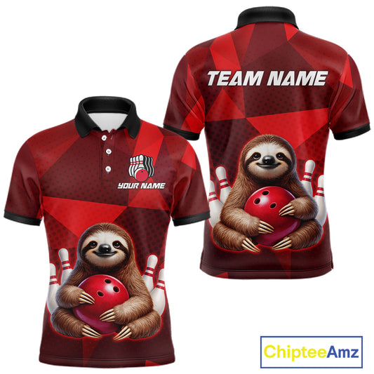Red Funny Sloth Bowling Shirt for Men Custom Bowling Jersey Polo & Quarter-Zip Bowling Outfit QZT995