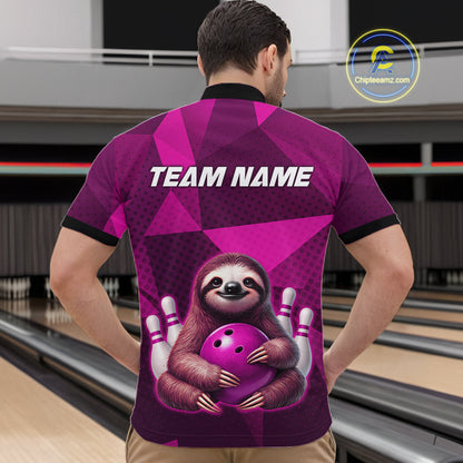 Pink Funny Sloth Bowling Shirt for Men Custom Bowling Jersey Polo & Quarter-Zip Bowling Outfit QZT995