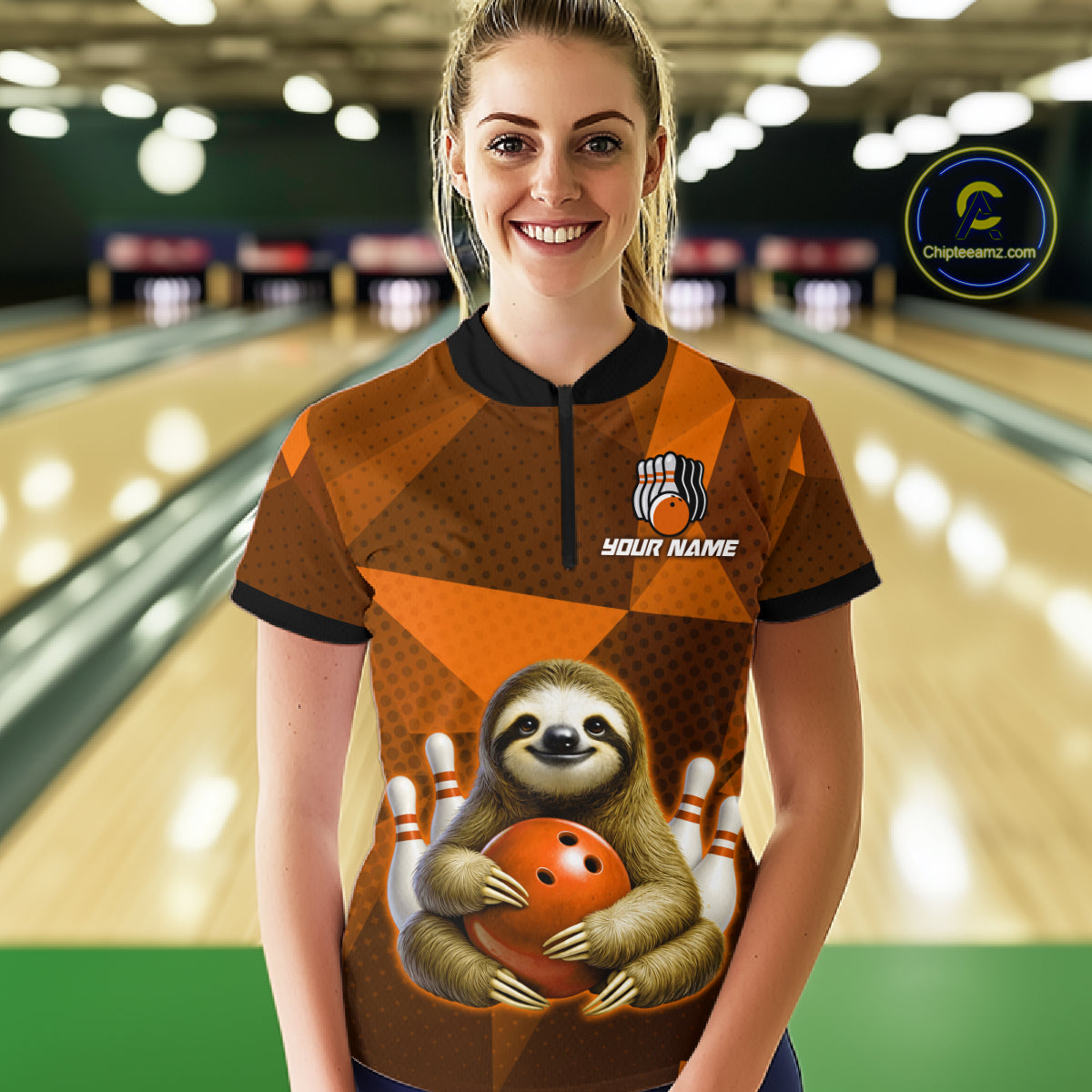 Orange Funny Sloth Bowling Shirt for Women Custom Bowling Jersey Polo & Quarter-Zip Bowling Outfit QZT995